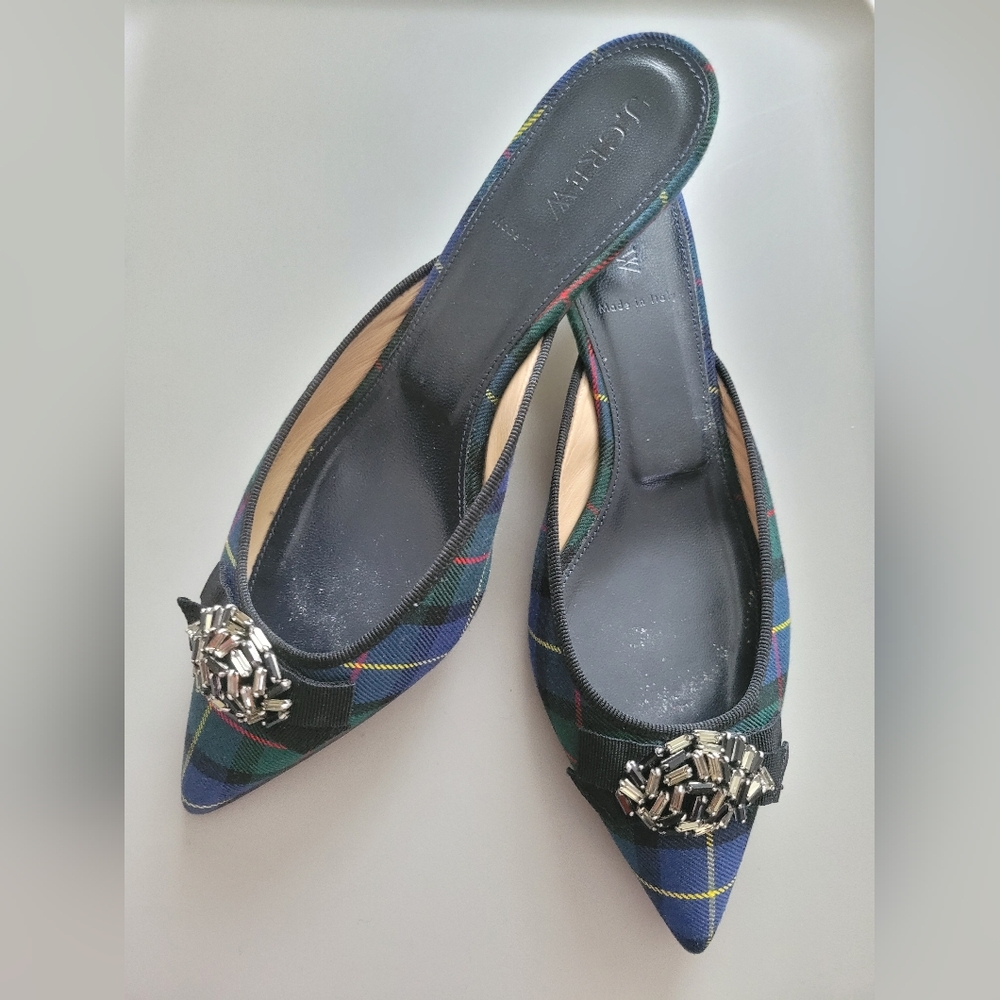 J. Crew Tartan Holiday Plaid Jeweled Pointy Toe Kitten Heel Slide On Mules  8.5